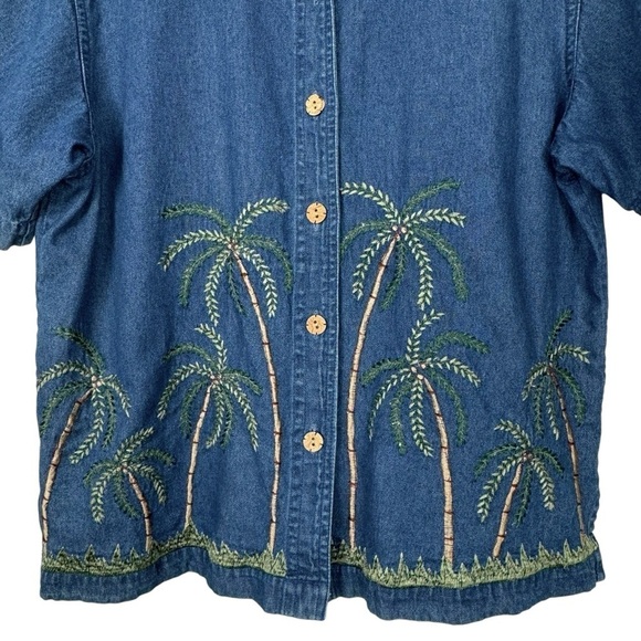 New Direction Women Button Down Shirt Petite L Palm Tree Hawaiian Vintage Retro - Picture 3 of 13